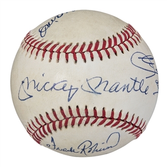Triple Crown Winners Multi Signed OAL Brown Baseball With 4 Signatures: Mantle, Williams, Yastrzemski & F. Robinson (PSA/DNA)
